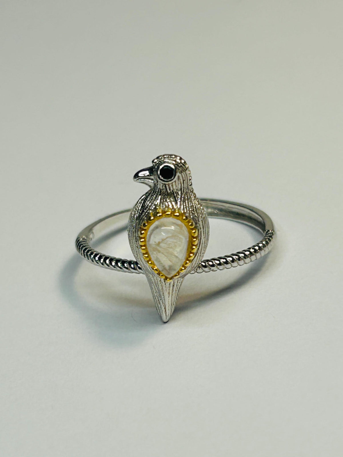 Dainty Bird Ring With Moonstone in 925 Sterling Silver & Adjustable Band Celtic Dragon Jewellery
