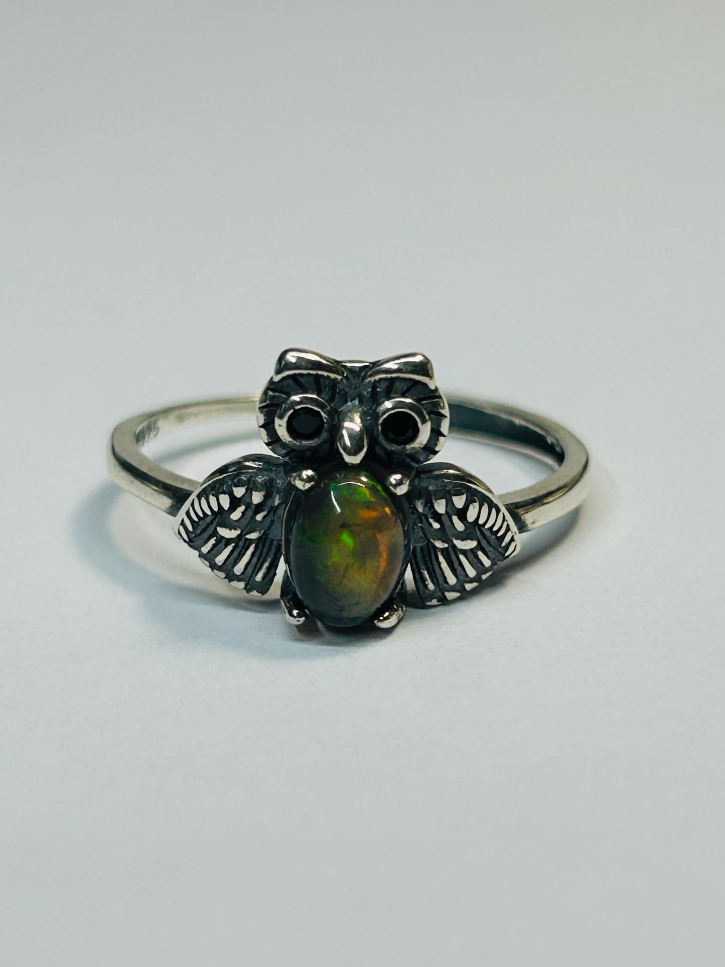 Owl Ring With Black Opal in 925 Sterling Silver & Adjustable Band Celtic Dragon Jewellery