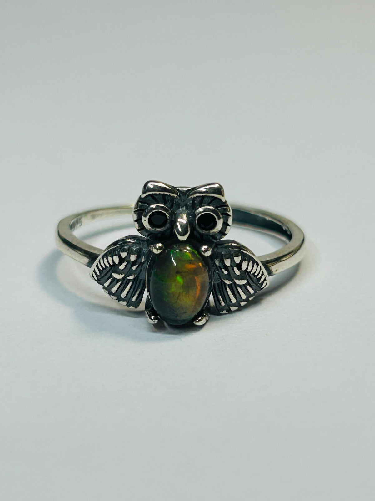 Owl Ring With Black Opal in 925 Sterling Silver & Adjustable Band Celtic Dragon Jewellery