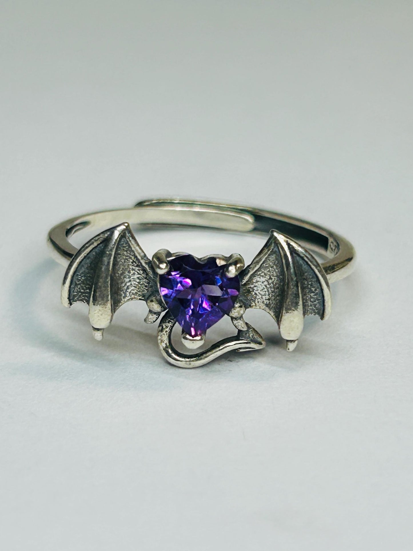 Bat Ring with Amethyst Heart in 925 Sterling Silver & Adjustable Band Celtic Dragon Jewellery