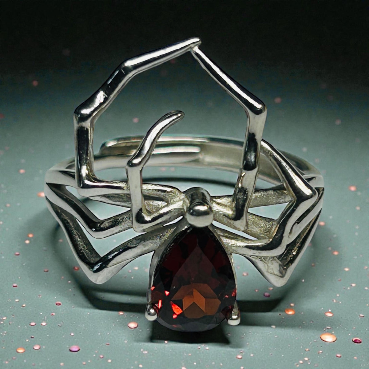 Spider Ring with Red Garnet in 925 Sterling Silver & Adjustable Band Celtic Dragon Jewellery
