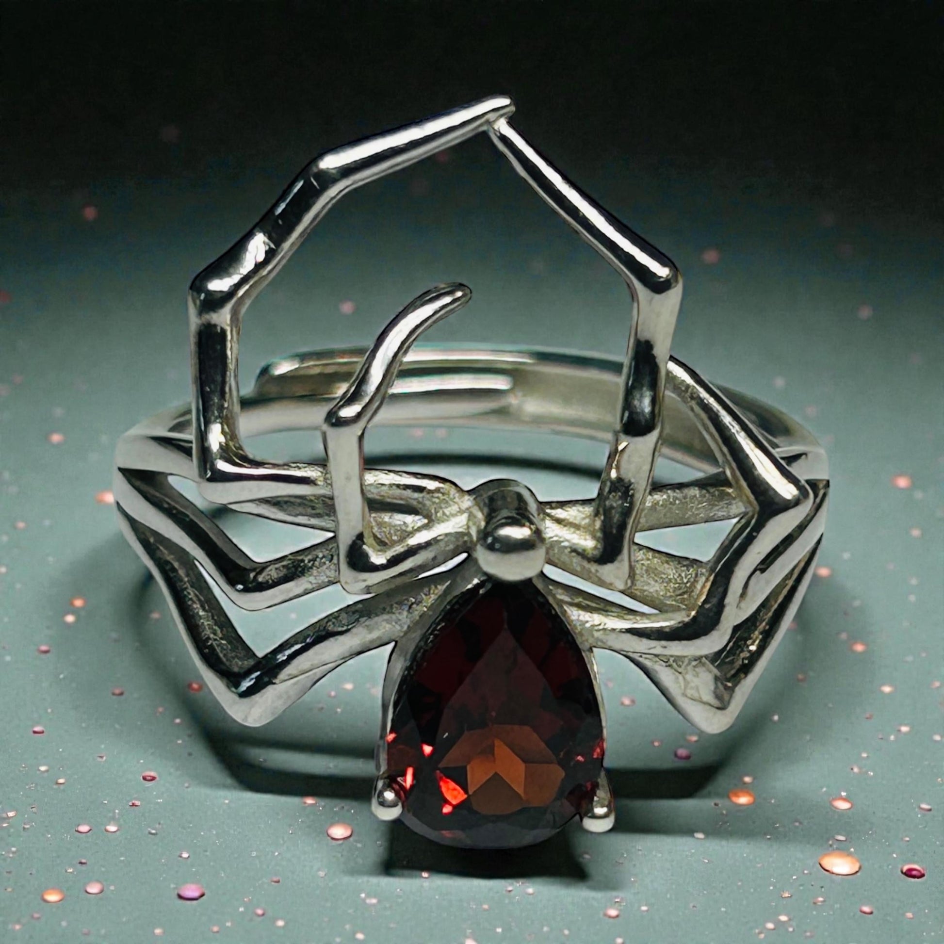 Spider Ring with Red Garnet in 925 Sterling Silver & Adjustable Band Celtic Dragon Jewellery