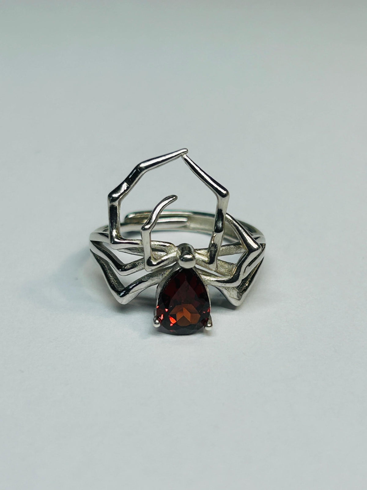 Spider Ring with Red Garnet in 925 Sterling Silver & Adjustable Band Celtic Dragon Jewellery