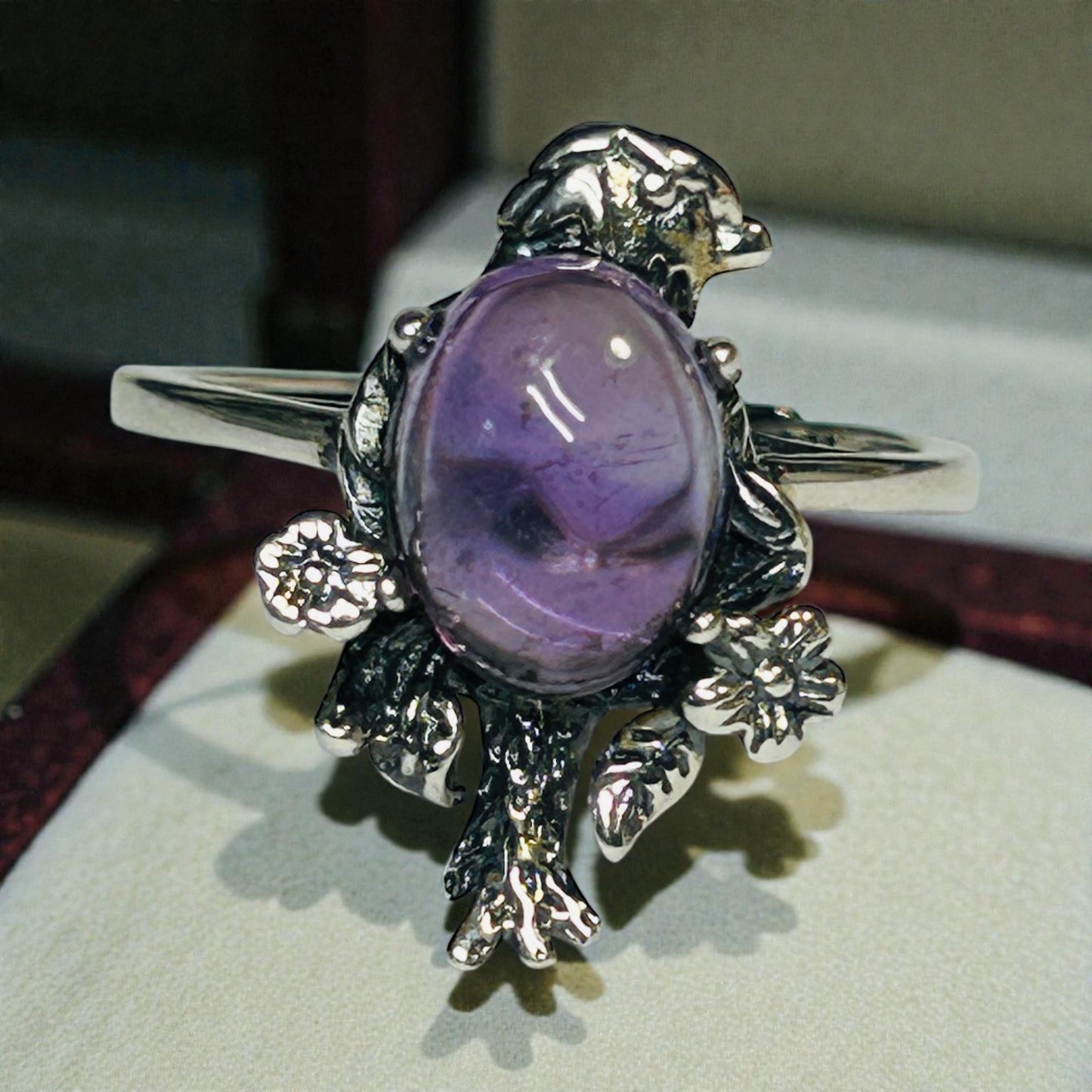 Bird Ring with Amethyst, 925 Sterling Silver & Adjustable Band Celtic Dragon Jewellery