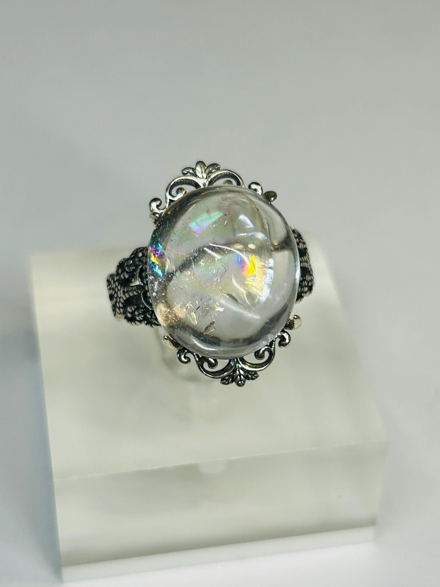 Rainbow Clear Quartz Ring with Fleur-de-Lis Style Setting - 925 Sterling Silver & Adjustable Band Celtic Dragon Jewellery