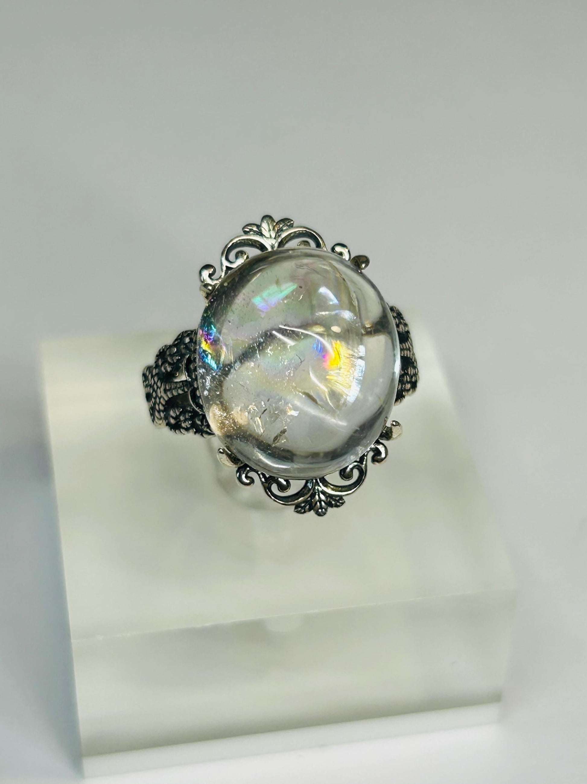 Rainbow Clear Quartz Ring with Fleur-de-Lis Style Setting - 925 Sterling Silver & Adjustable Band Celtic Dragon Jewellery