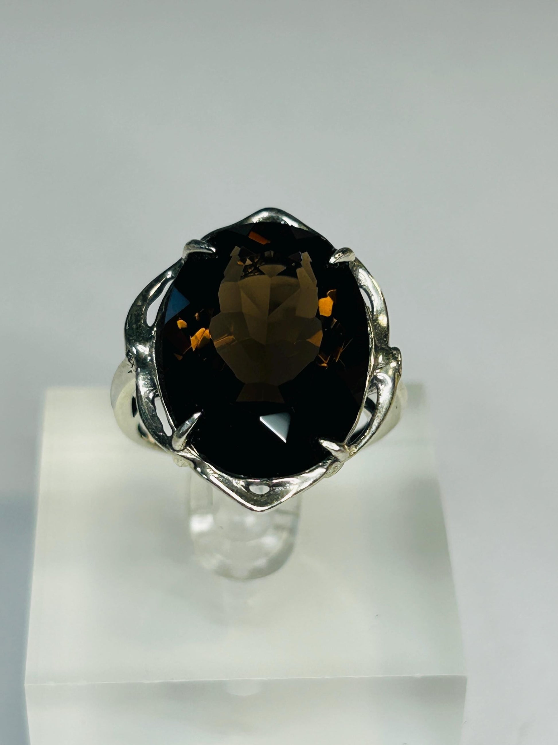 Smoky Quartz Statement Ring with Large Faceted Oval in 925 Sterling Silver & Adjustable Band Celtic Dragon Jewellery