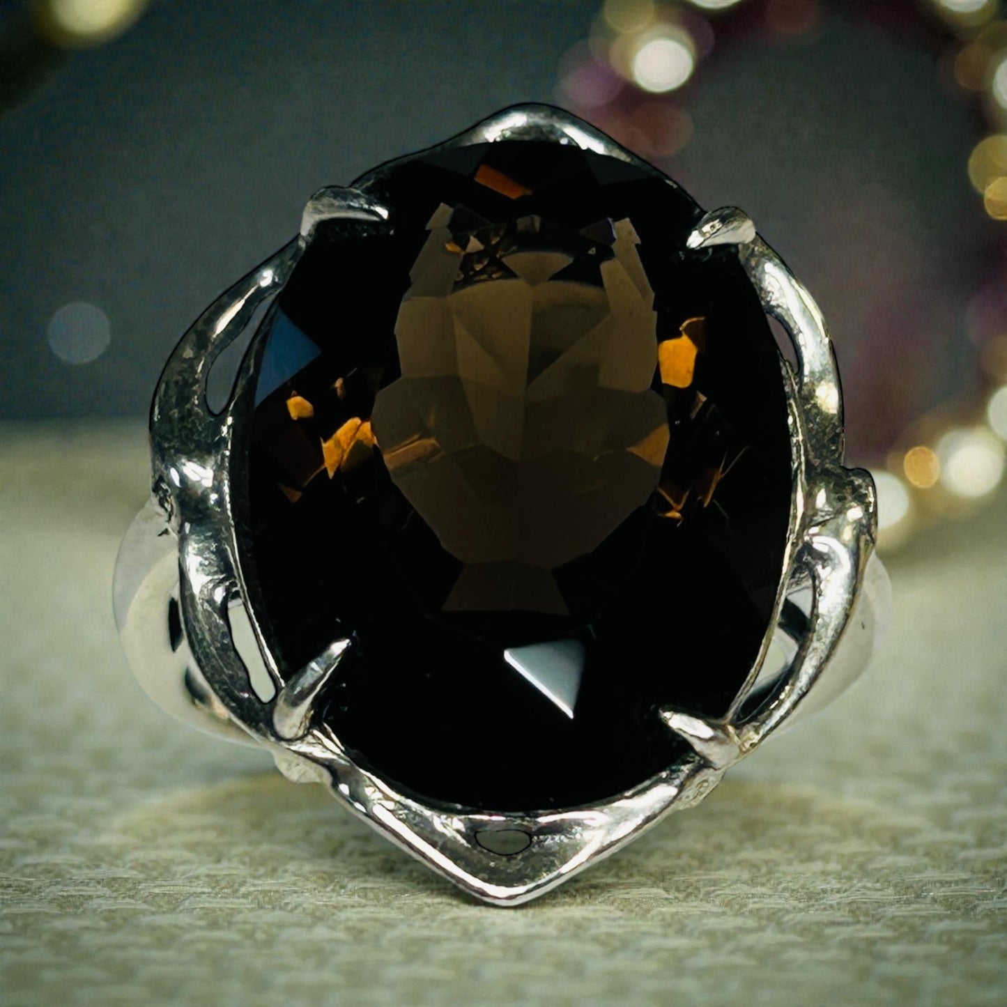 Smoky Quartz Statement Ring with Large Faceted Oval in 925 Sterling Silver & Adjustable Band Celtic Dragon Jewellery