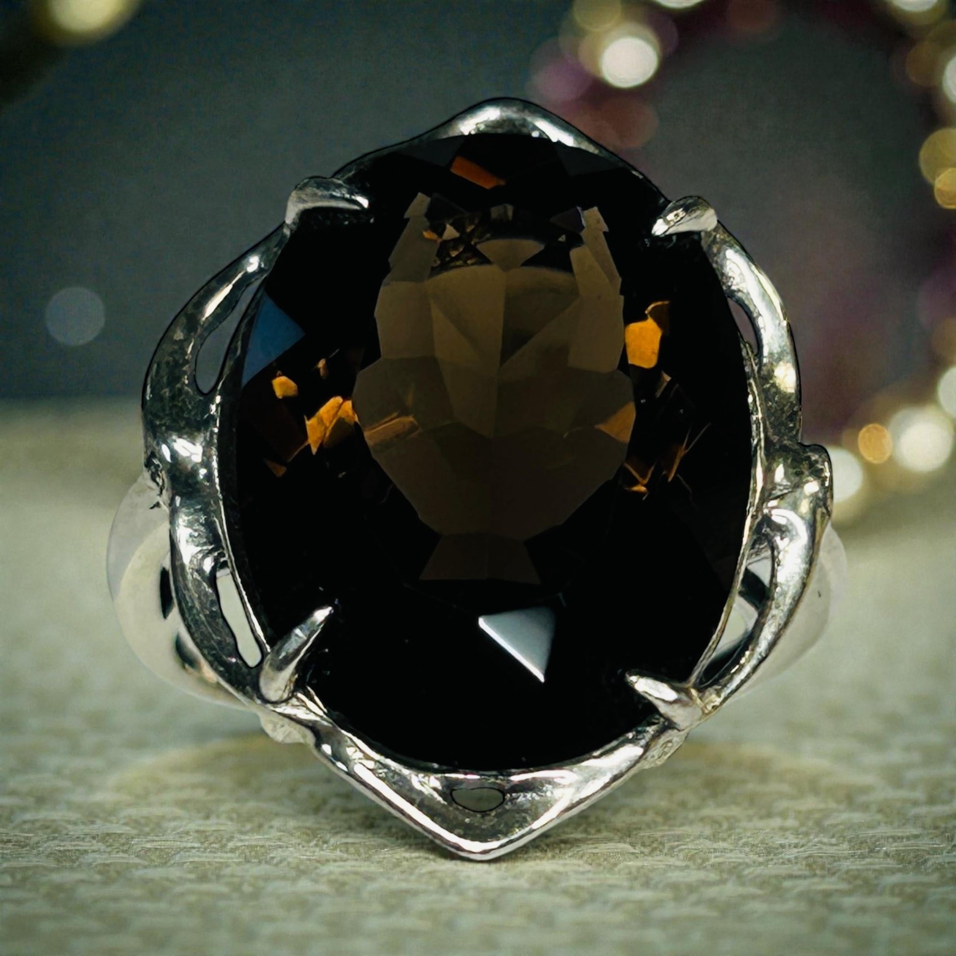 Smoky Quartz Statement Ring with Large Faceted Oval in 925 Sterling Silver & Adjustable Band Celtic Dragon Jewellery