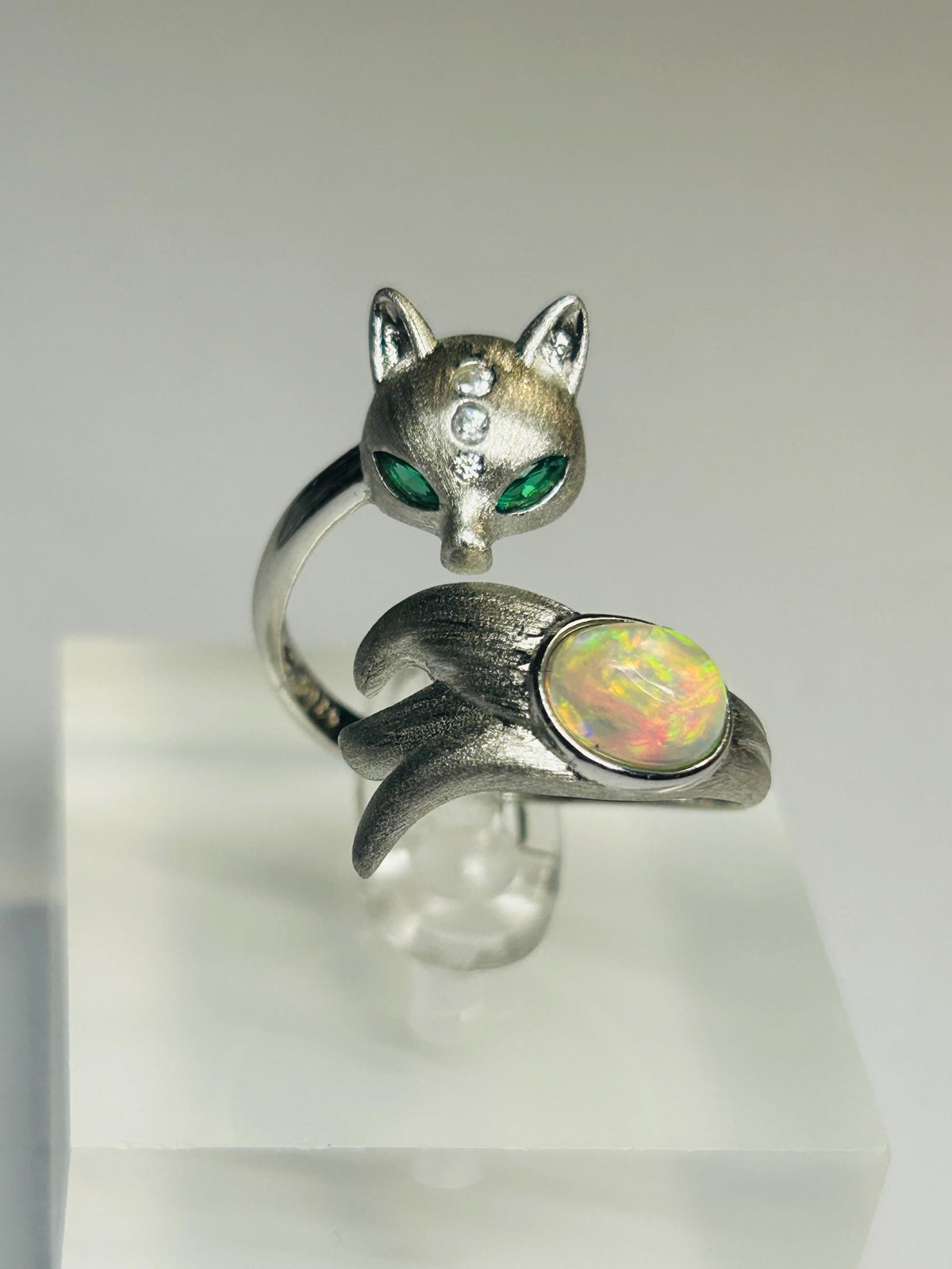 Fox Ring with Opal Cabochon in 925 Burnished Sterling Silver & Adjustable Band Celtic Dragon Jewellery