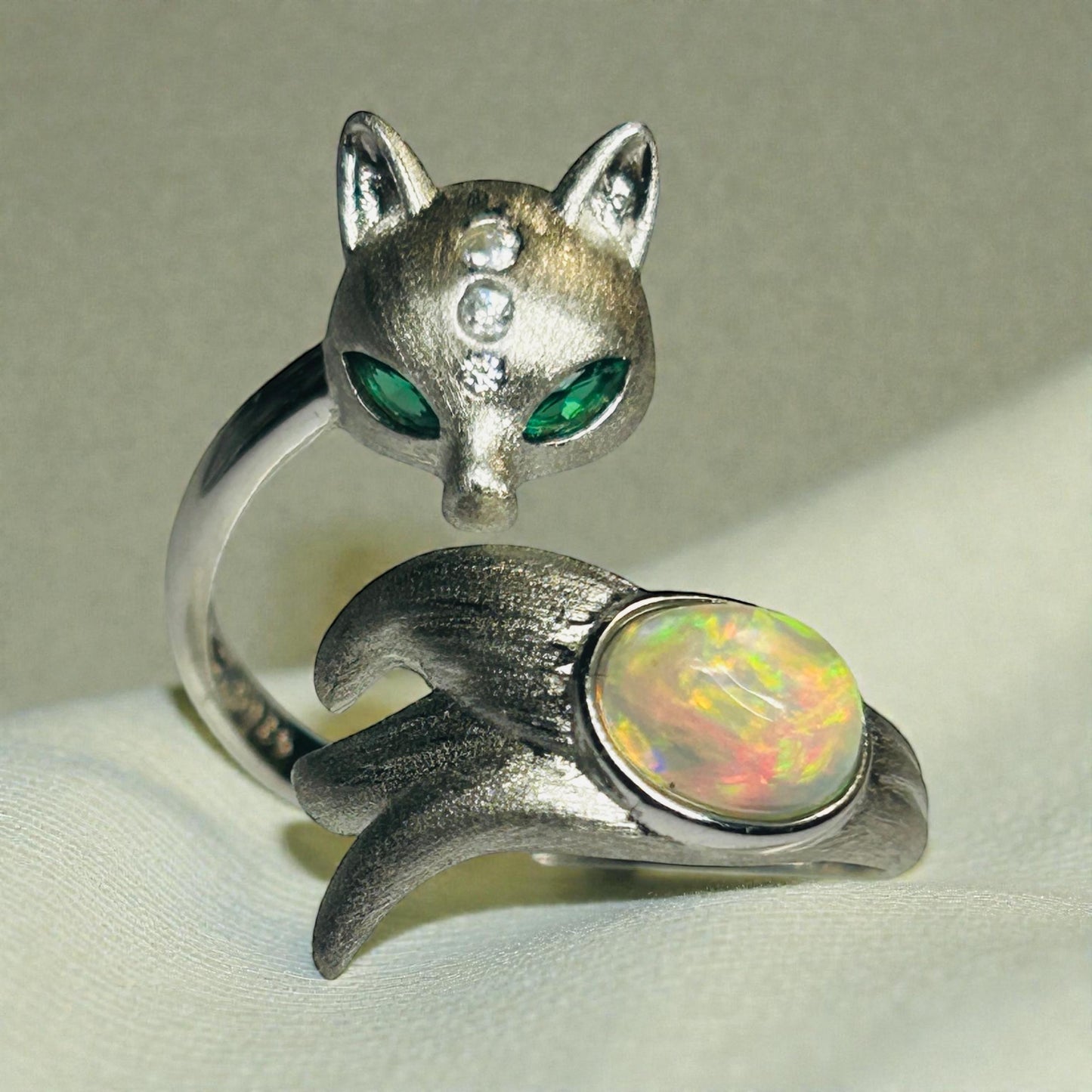 Fox Ring with Opal Cabochon in 925 Burnished Sterling Silver & Adjustable Band