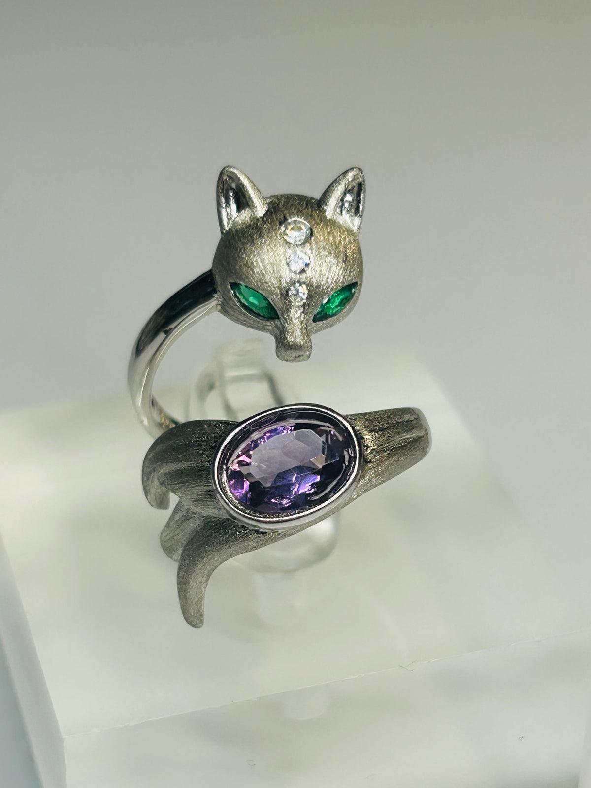 Fox Ring with Amethyst in 925 Burnished Sterling Silver & Adjustable Band Celtic Dragon Jewellery