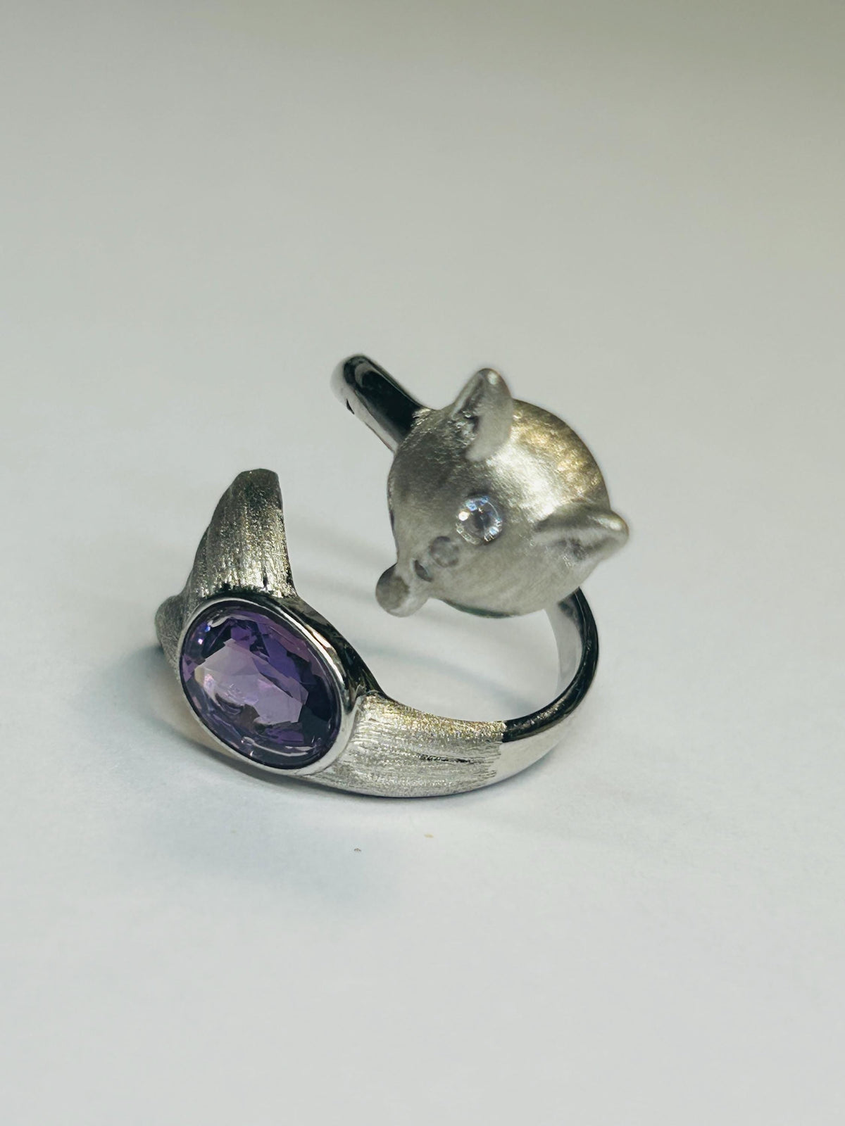 Fox Ring with Amethyst in 925 Burnished Sterling Silver & Adjustable Band Celtic Dragon Jewellery