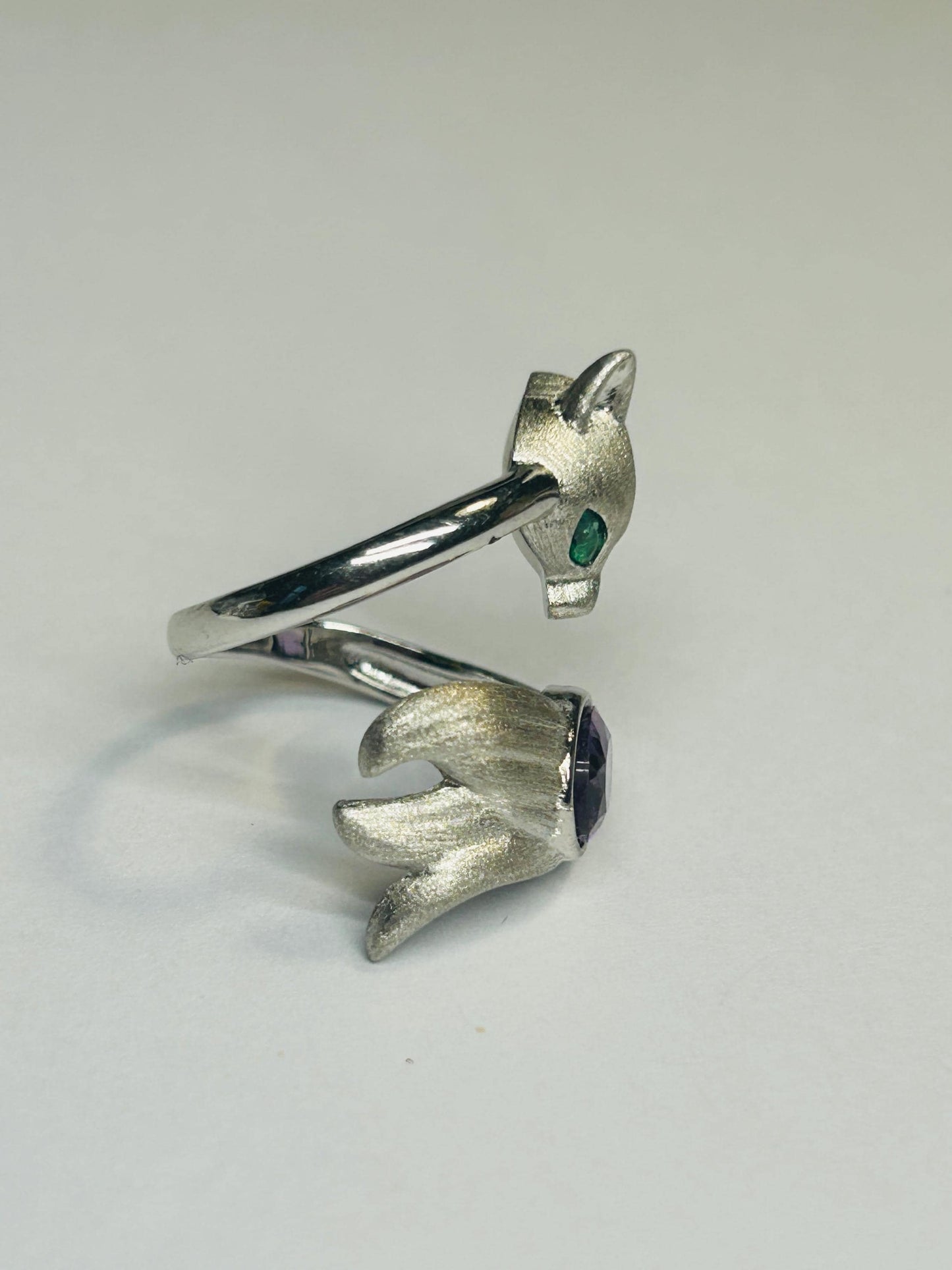 Fox Ring with Amethyst in 925 Burnished Sterling Silver & Adjustable Band Celtic Dragon Jewellery