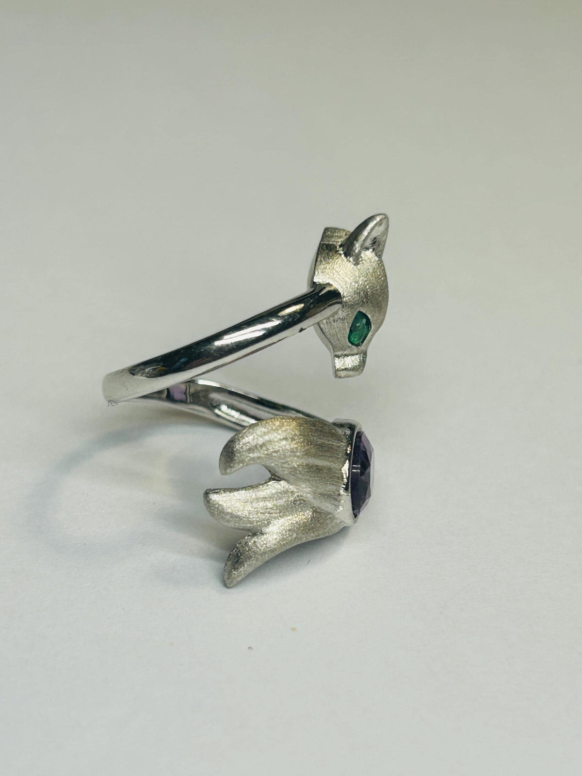 Fox Ring with Amethyst in 925 Burnished Sterling Silver & Adjustable Band Celtic Dragon Jewellery