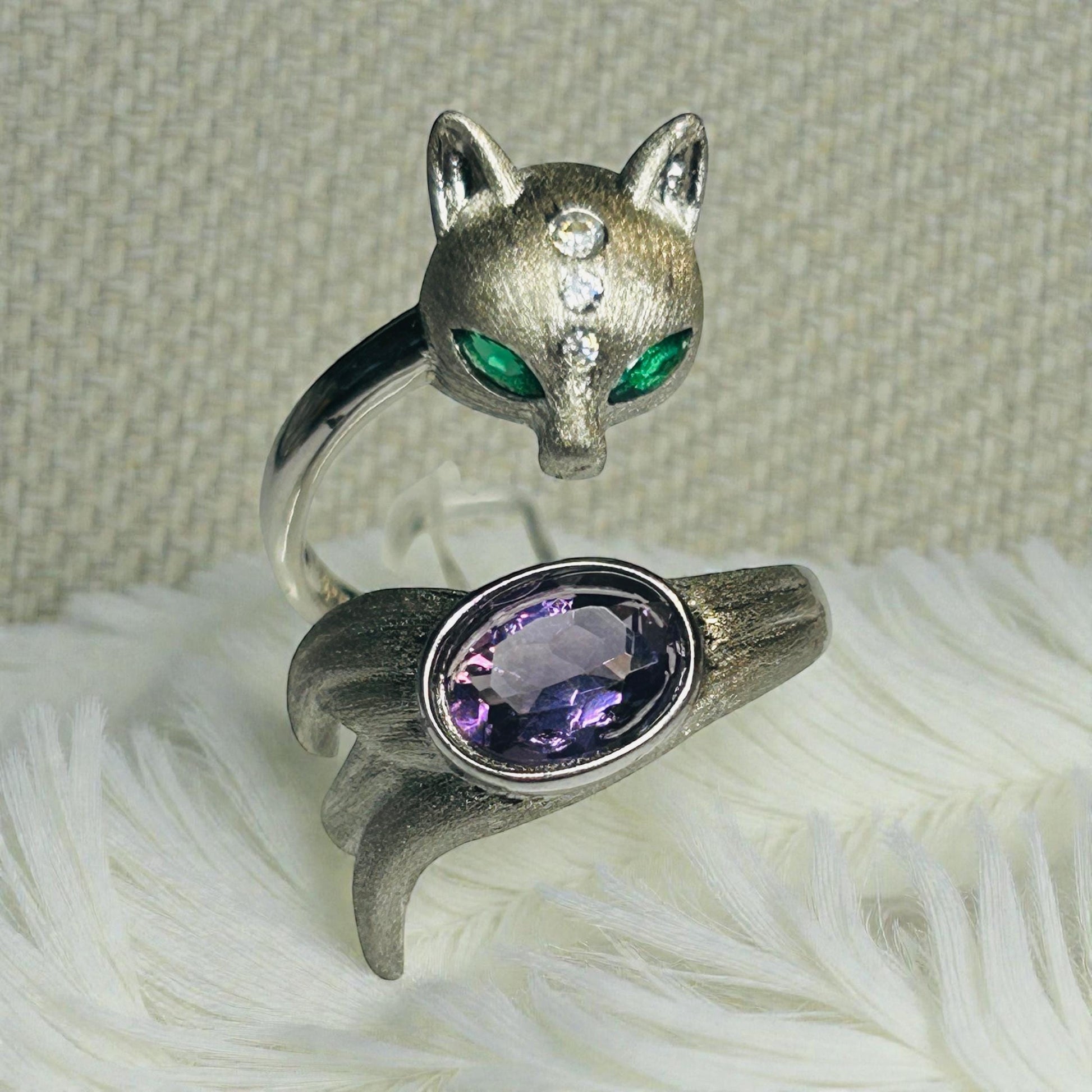 Fox Ring with Amethyst in 925 Burnished Sterling Silver & Adjustable Band Celtic Dragon Jewellery