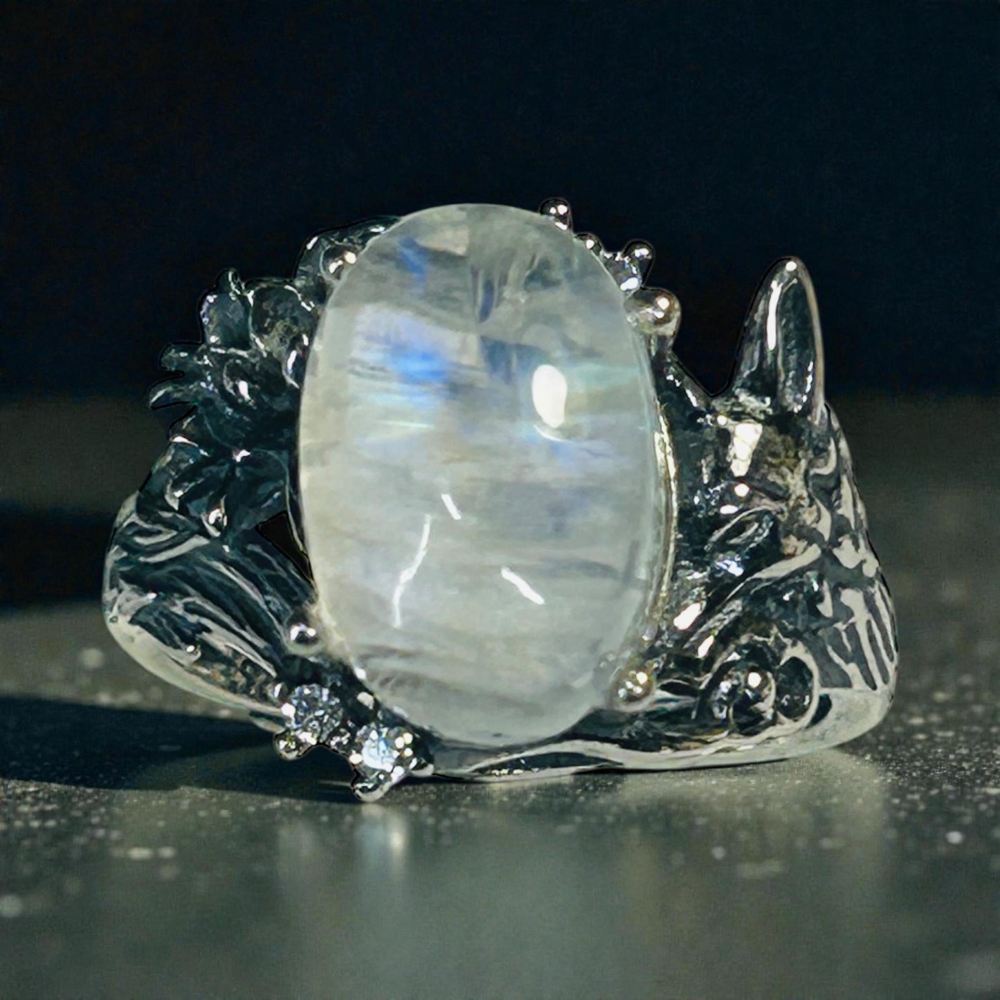 Whimsical Fox Ring with Moonstone in 925 Sterling Silver & Adjustable Band