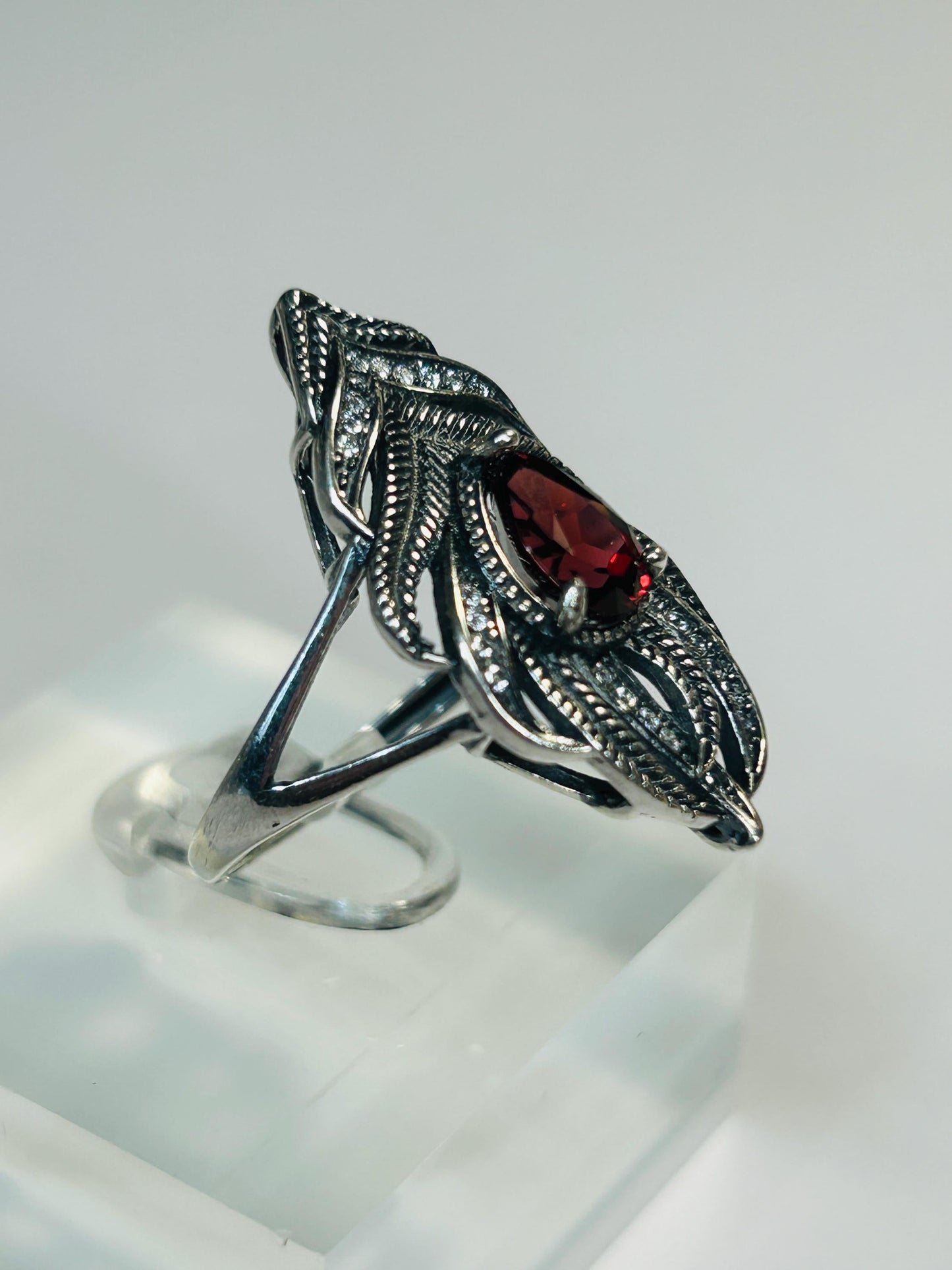 Peacock Feather Ring with Red Garnet in 925 Sterling Silver & Adjustable Band Celtic Dragon Jewellery