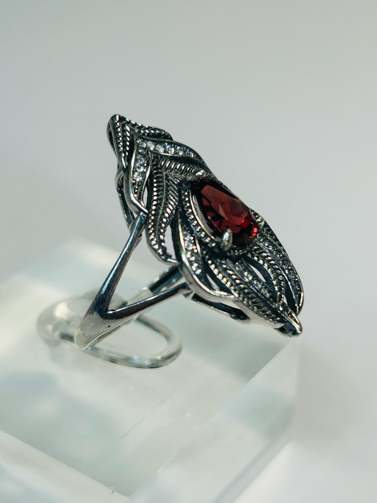 Peacock Feather Ring with Red Garnet in 925 Sterling Silver & Adjustable Band Celtic Dragon Jewellery