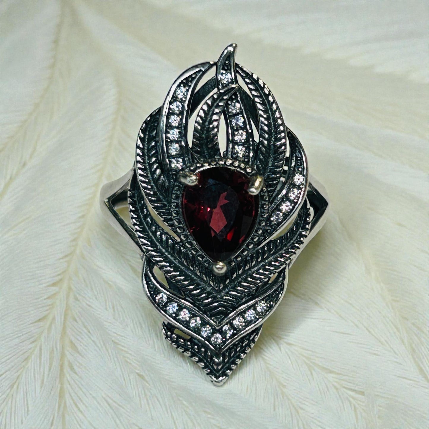 Peacock Feather Ring with Red Garnet in 925 Sterling Silver & Adjustable Band Celtic Dragon Jewellery