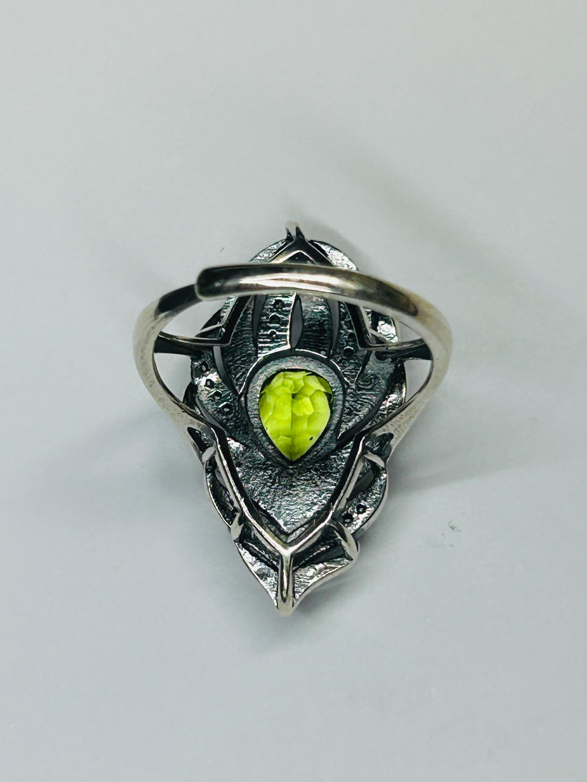 Peacock Feather Ring with Peridot in 925 Sterling Silver & Adjustable Band Celtic Dragon Jewellery