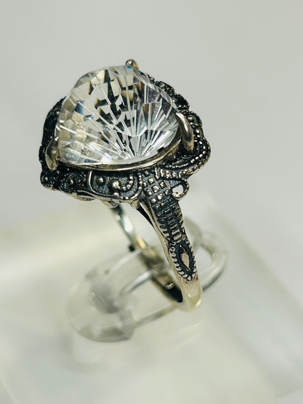 Clear Quartz Heart Ring - Checkerboard Cut in 925 Sterling Silver with Adjustable Band Celtic Dragon Jewellery