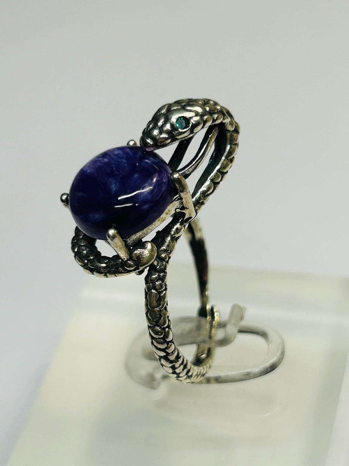 Snake Ring with Charoite in 925 Sterling Silver & Adjustable Band Celtic Dragon Jewellery