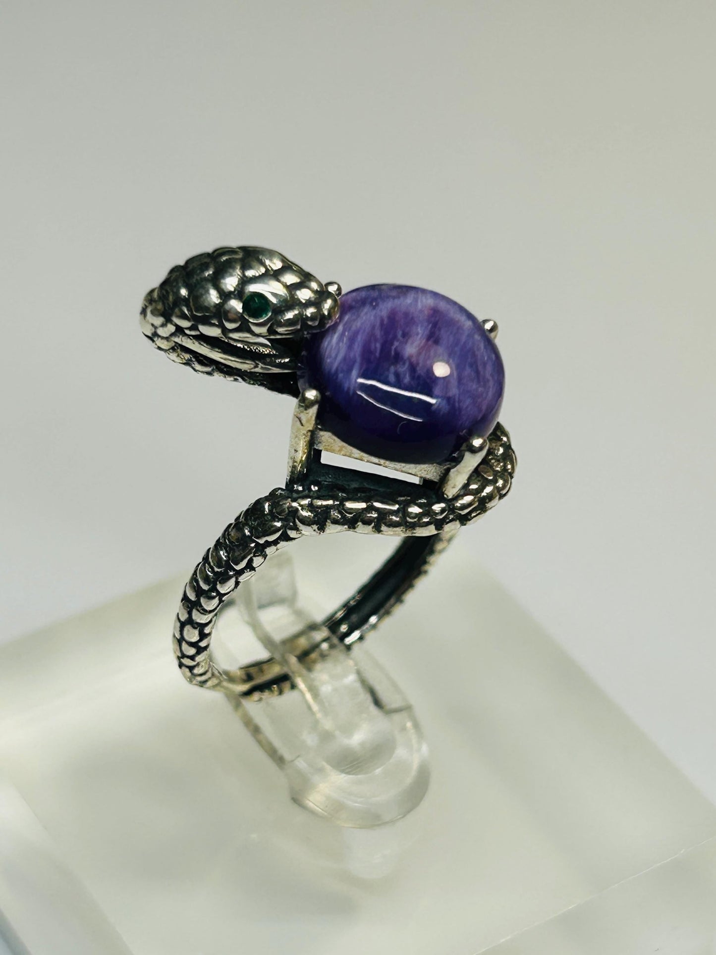 Snake Ring with Charoite in 925 Sterling Silver & Adjustable Band Celtic Dragon Jewellery