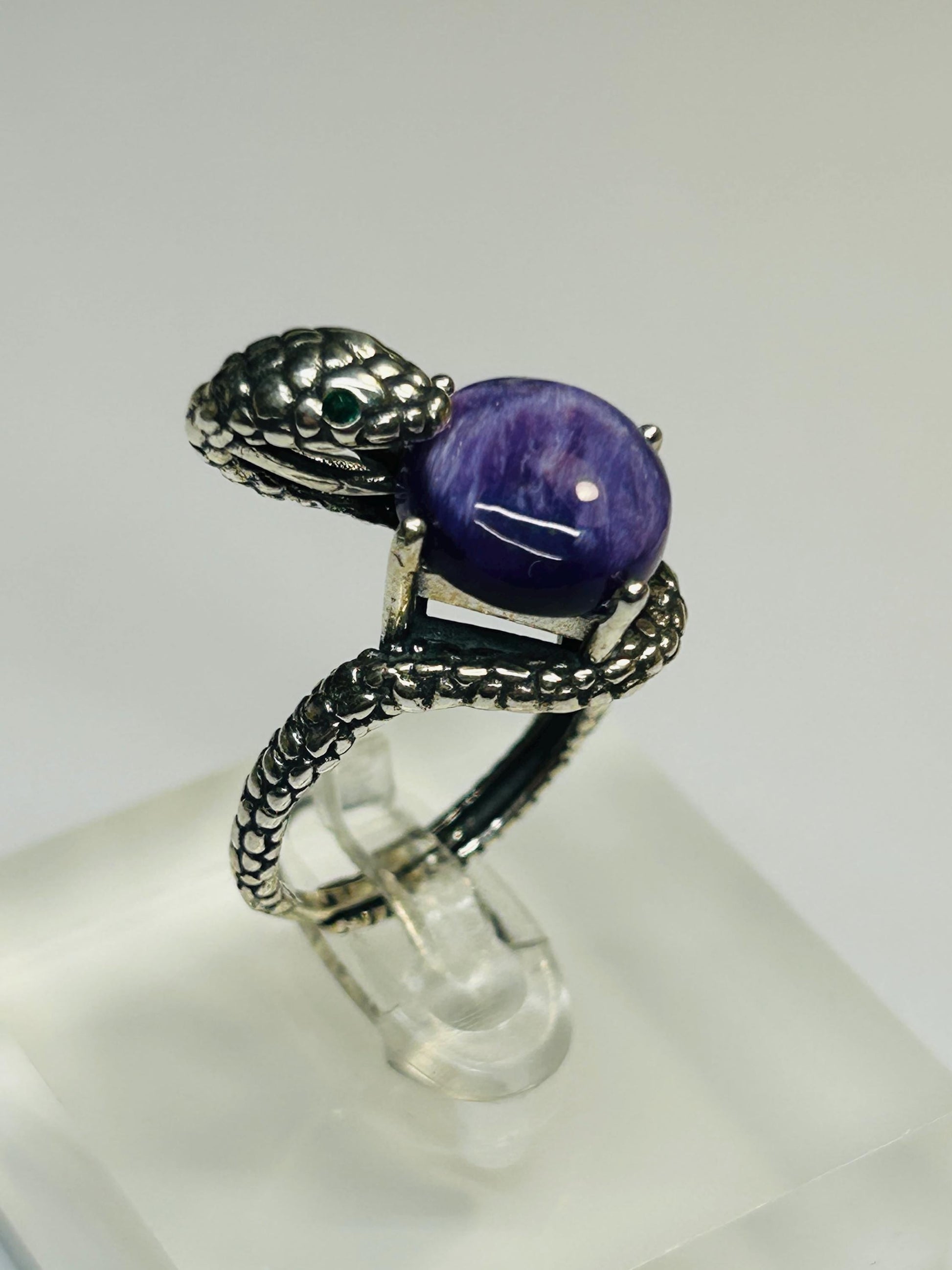 Snake Ring with Charoite in 925 Sterling Silver & Adjustable Band Celtic Dragon Jewellery