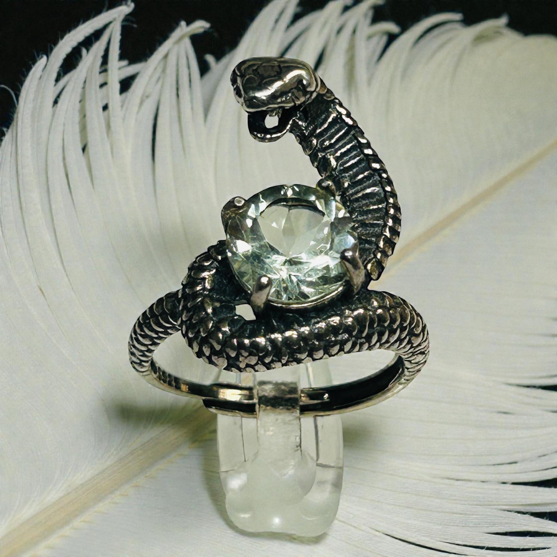 Cobra Snake Ring with Green Quartz in 925 Sterling Silver & Adjustable Band Celtic Dragon Jewellery