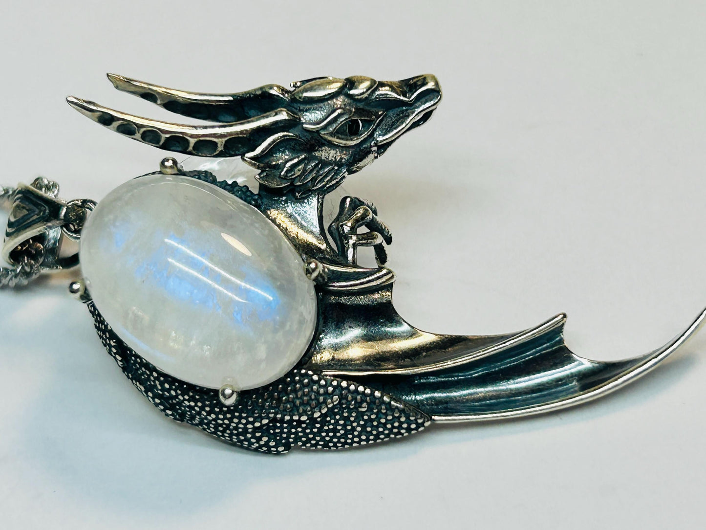 Moonstone Dragon Pendant - 925 Sterling Silver - Blue Flashy Gemstone - Gift Boxed Celtic Dragon Jewellery