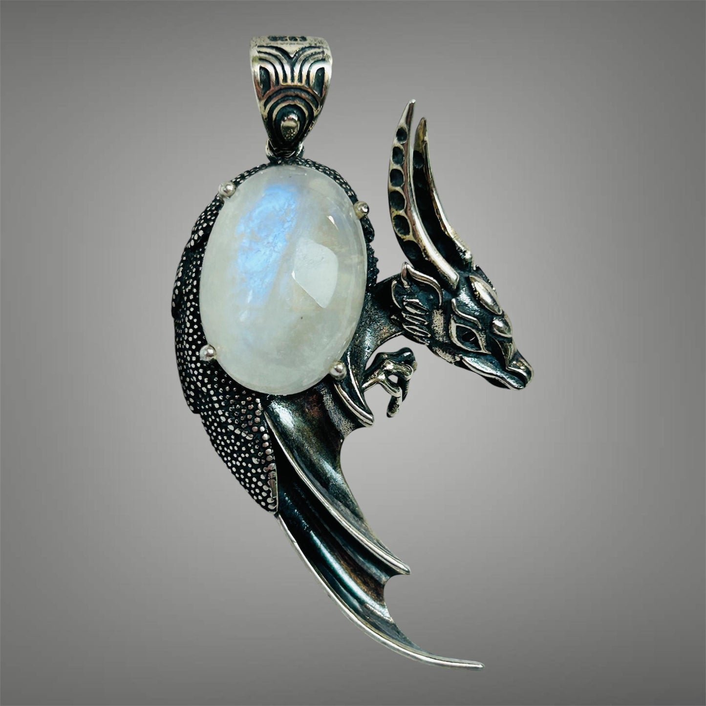 Moonstone Dragon Pendant - 925 Sterling Silver - Blue Flashy Gemstone - Gift Boxed Celtic Dragon Jewellery