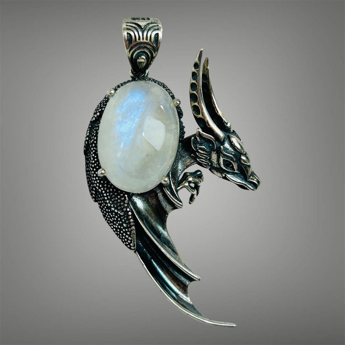 Moonstone Dragon Pendant - 925 Sterling Silver - Blue Flashy Gemstone - Gift Boxed Celtic Dragon Jewellery