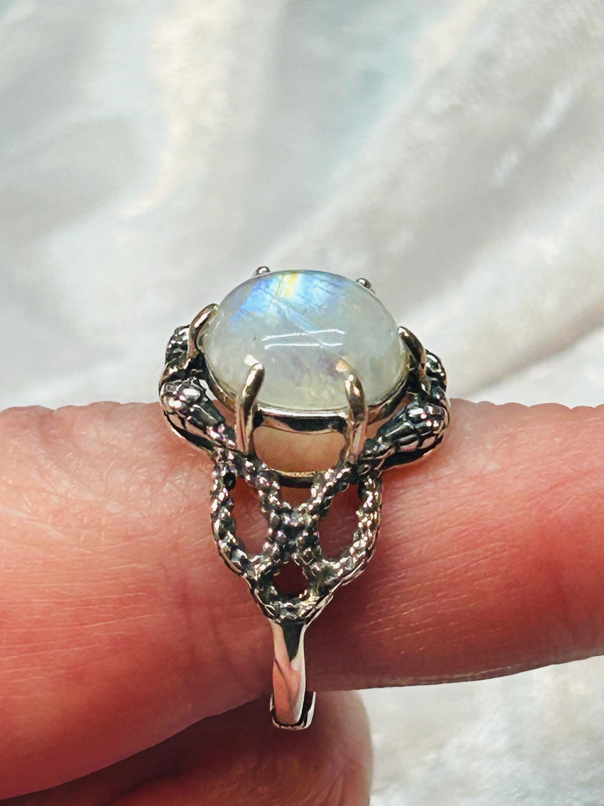 Snake Ring with Rainbow Moonstone in 925 Sterling Silver - Adjustable Gothic Serpent Jewellery Celtic Dragon Jewellery