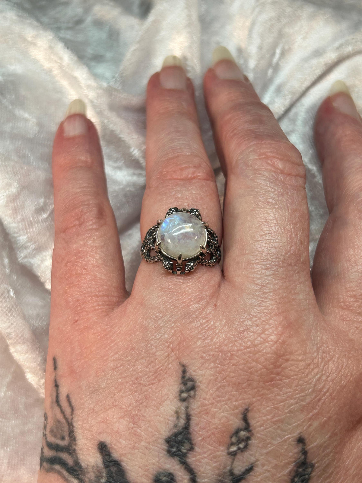 Snake Ring with Rainbow Moonstone in 925 Sterling Silver - Adjustable Gothic Serpent Jewellery Celtic Dragon Jewellery