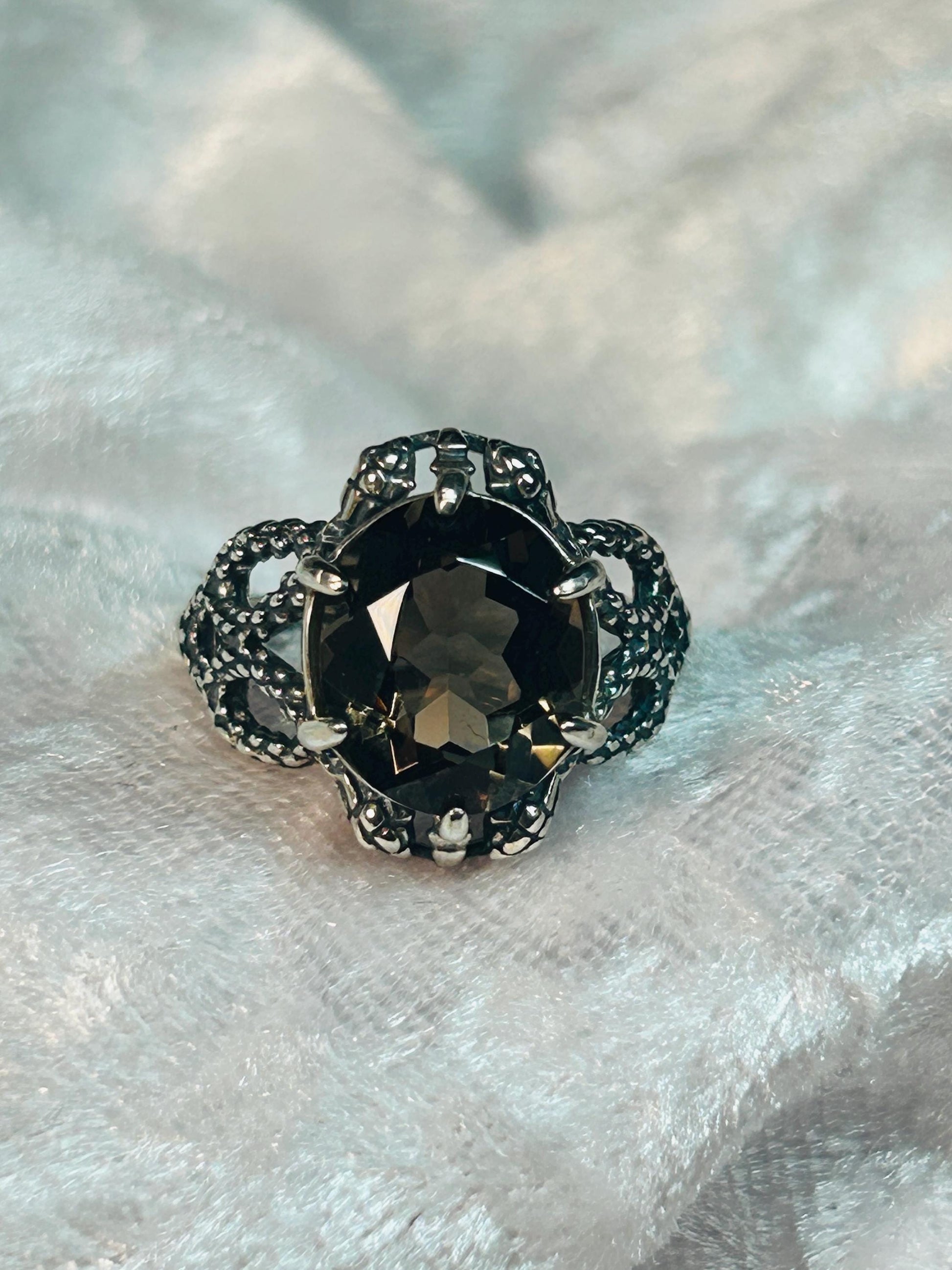 Snake Ring with Faceted Smoky Quartz in 925 Sterling Silver - Adjustable Gothic Serpent Jewellery Celtic Dragon Jewellery