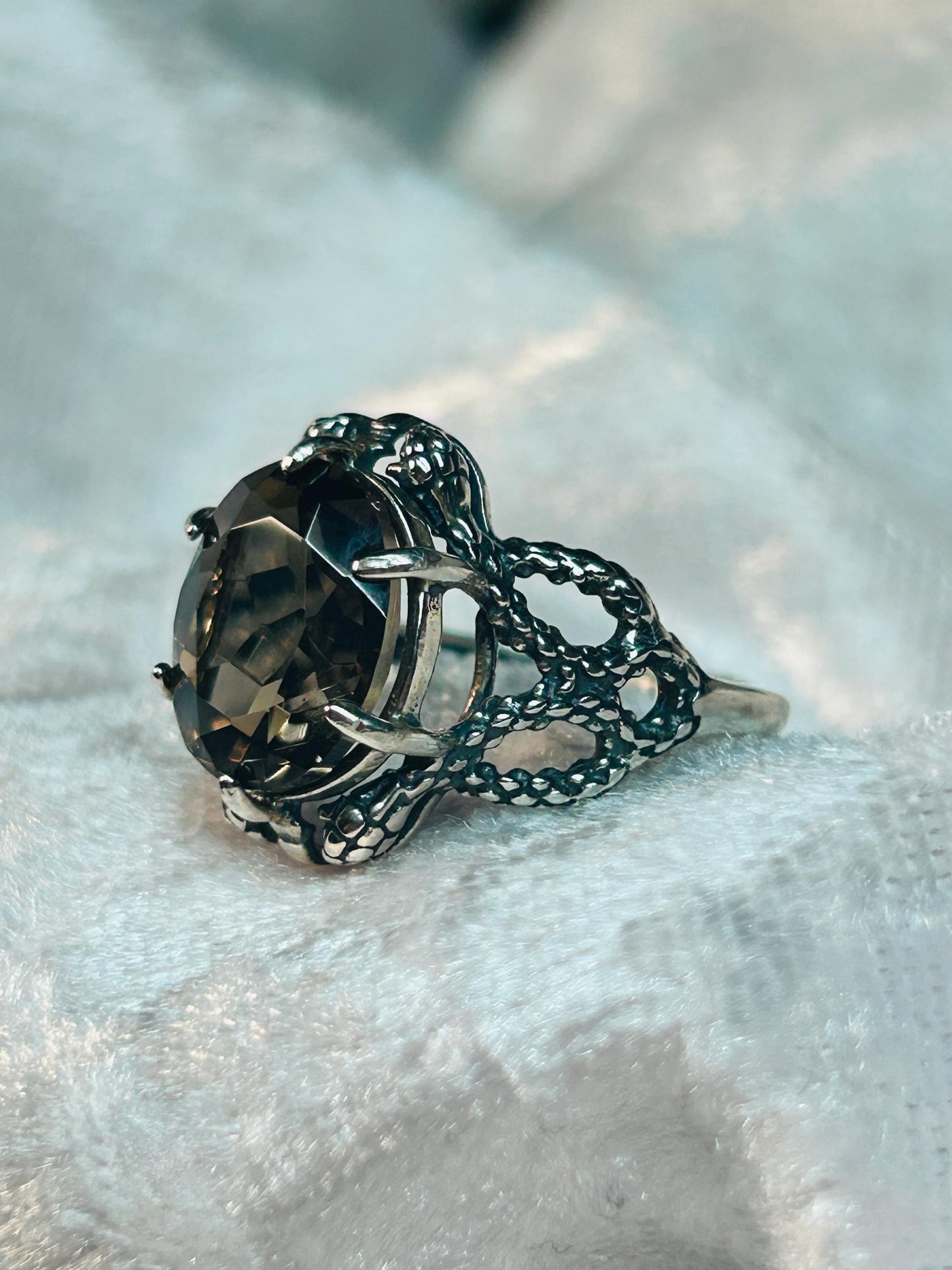 Snake Ring with Faceted Smoky Quartz in 925 Sterling Silver - Adjustable Gothic Serpent Jewellery Celtic Dragon Jewellery
