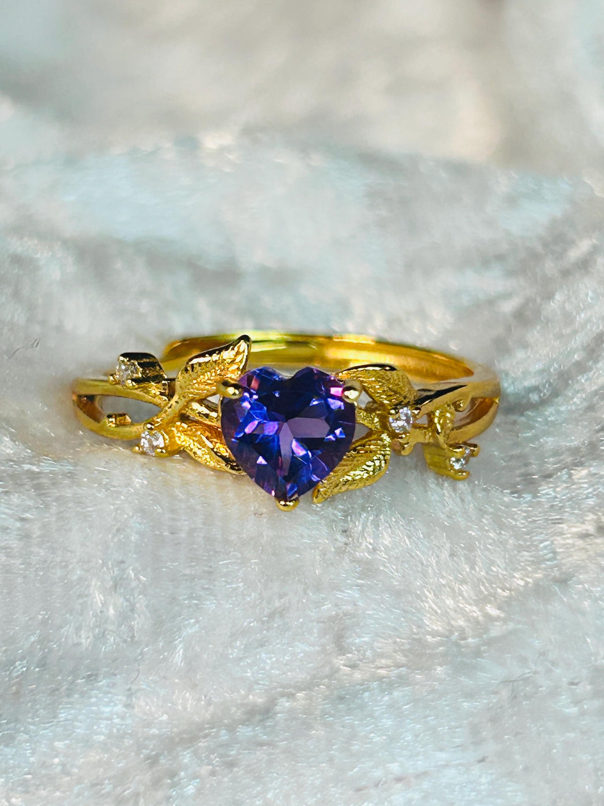 Amethyst Heart Ring in Gold Plated 925 Sterling Silver with Adjustable Band - Vine Design Celtic Dragon Jewellery