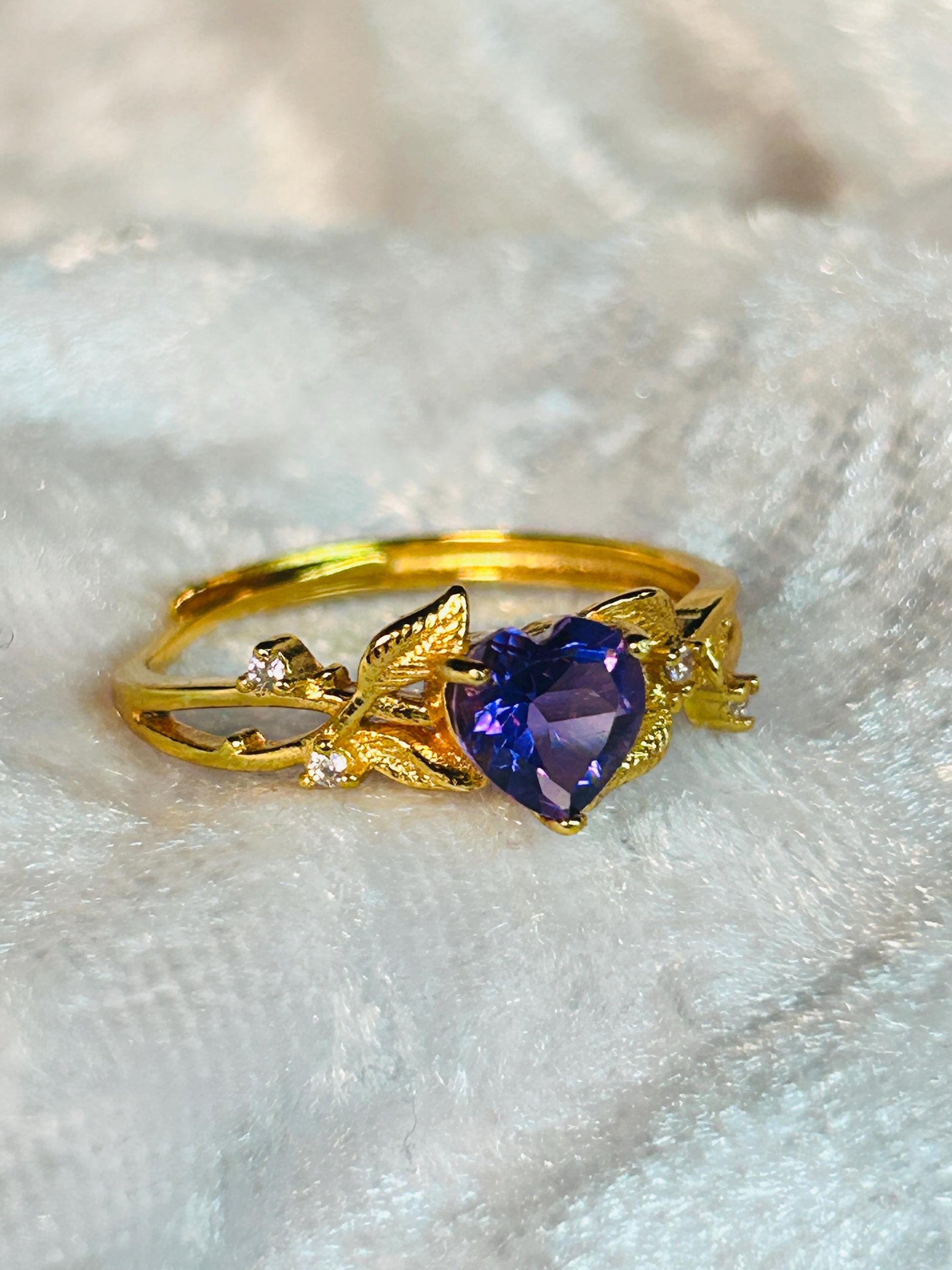 Amethyst Heart Ring in Gold Plated 925 Sterling Silver with Adjustable Band - Vine Design Celtic Dragon Jewellery