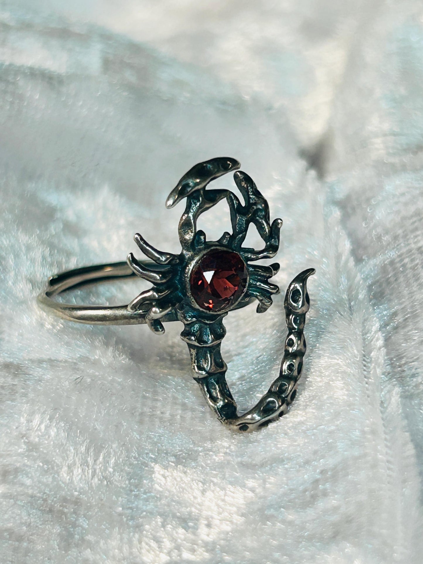 Scorpion Ring with Red Garnet in 925 Sterling Silver - Adjustable Goth Statement Jewellery Celtic Dragon Jewellery