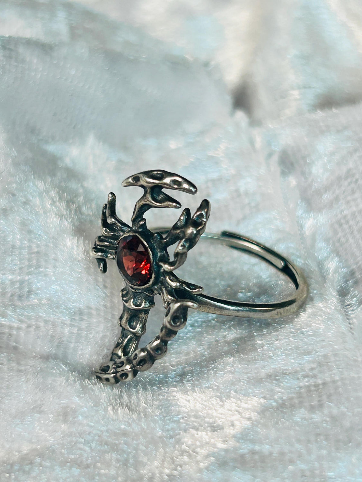 Scorpion Ring with Red Garnet in 925 Sterling Silver - Adjustable Goth Statement Jewellery Celtic Dragon Jewellery