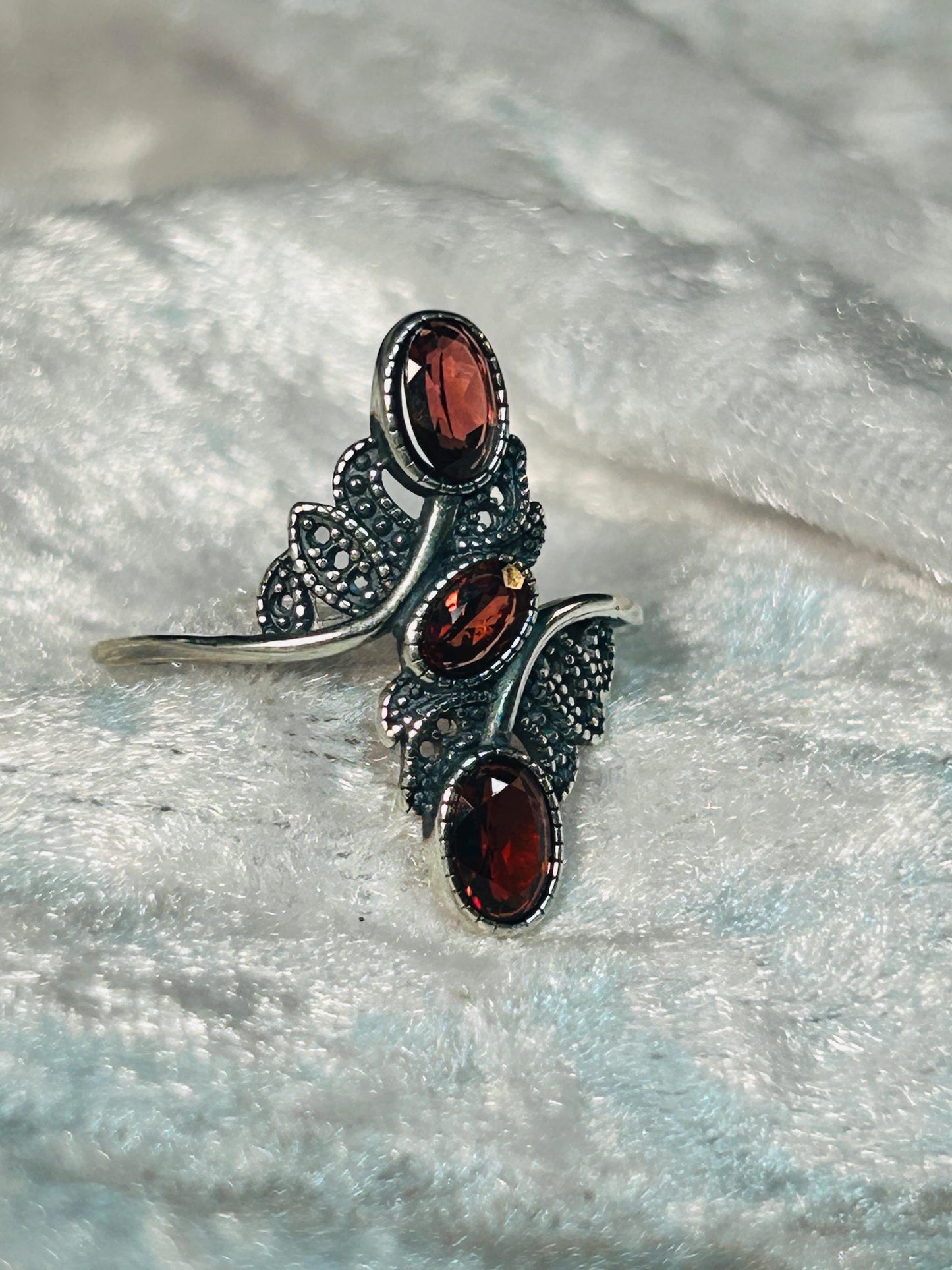 Triple Garnet Ring in 925 Sterling Silver - Adjustable Goth Statement Jewellery Celtic Dragon Jewellery