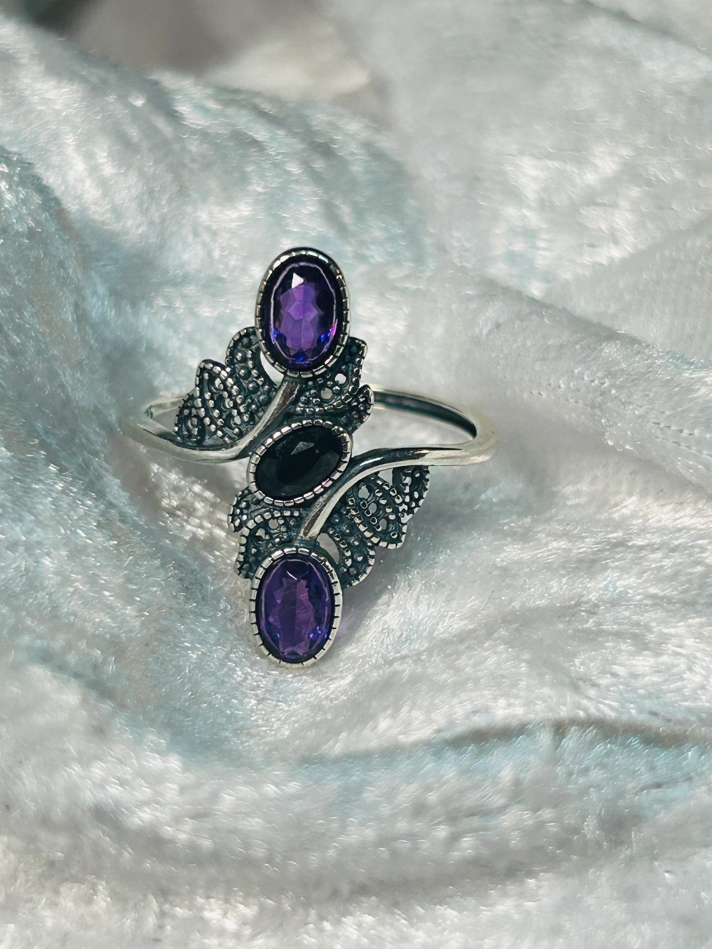 Amethyst Black Spinel Leaf Ring – Sterling Silver - Adjustable Goth Statement Jewellery Celtic Dragon Jewellery