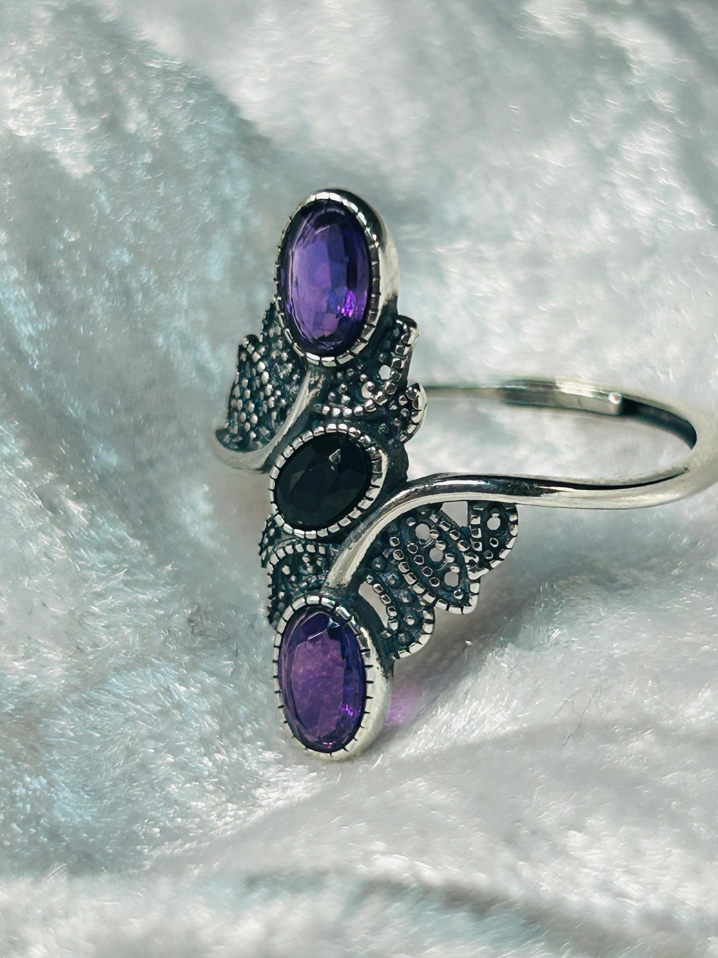 Amethyst Black Spinel Leaf Ring – Sterling Silver - Adjustable Goth Statement Jewellery Celtic Dragon Jewellery