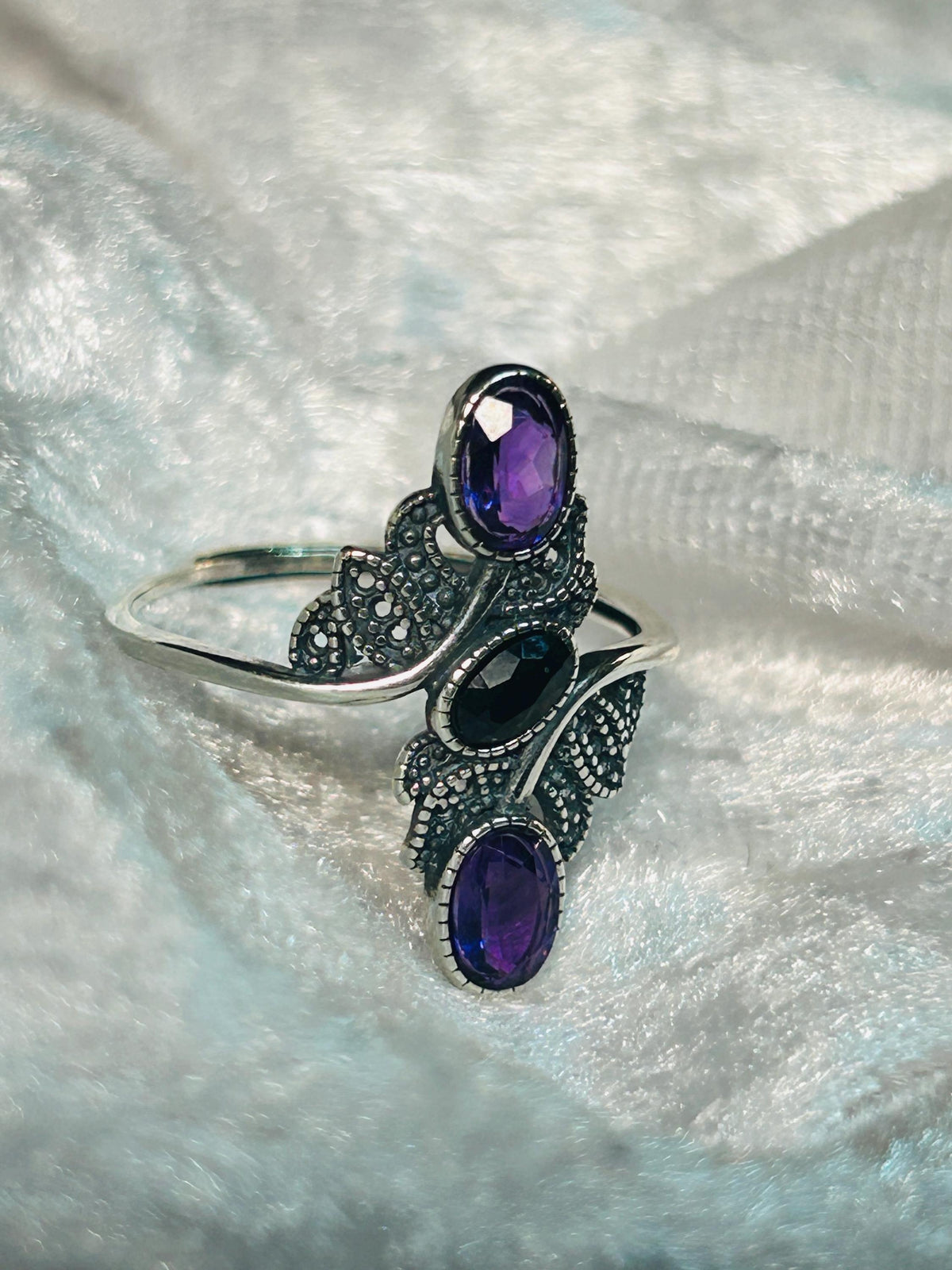 Amethyst Black Spinel Leaf Ring – Sterling Silver - Adjustable Goth Statement Jewellery Celtic Dragon Jewellery