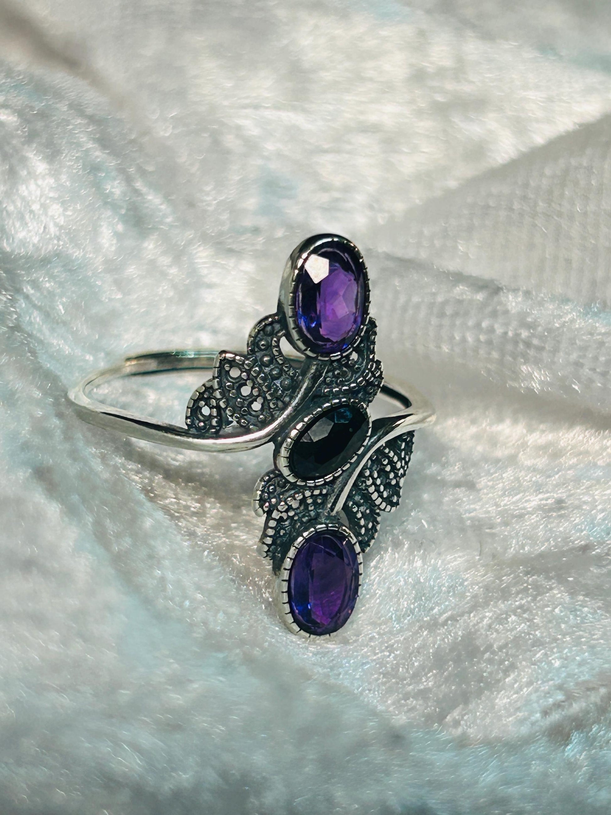 Amethyst Black Spinel Leaf Ring – Sterling Silver - Adjustable Goth Statement Jewellery Celtic Dragon Jewellery