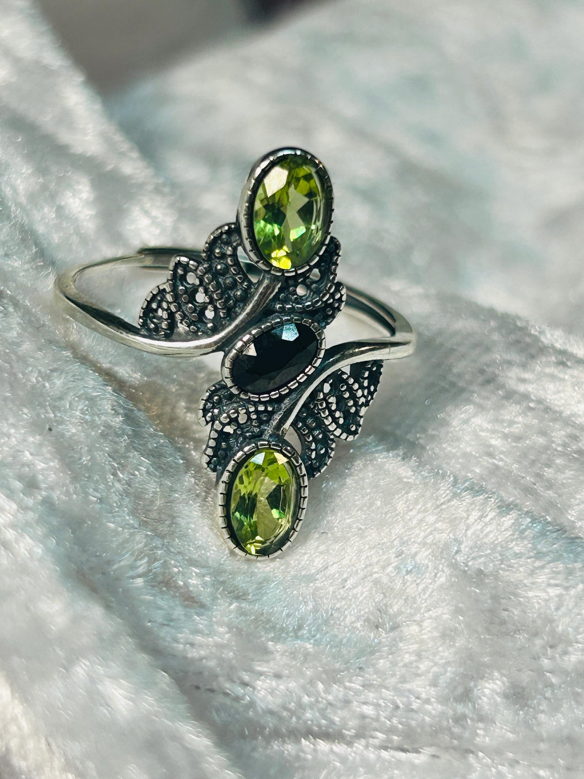 Peridot & Black Spinel Ring in 925 Sterling Silver - Adjustable Goth Statement Jewellery Celtic Dragon Jewellery