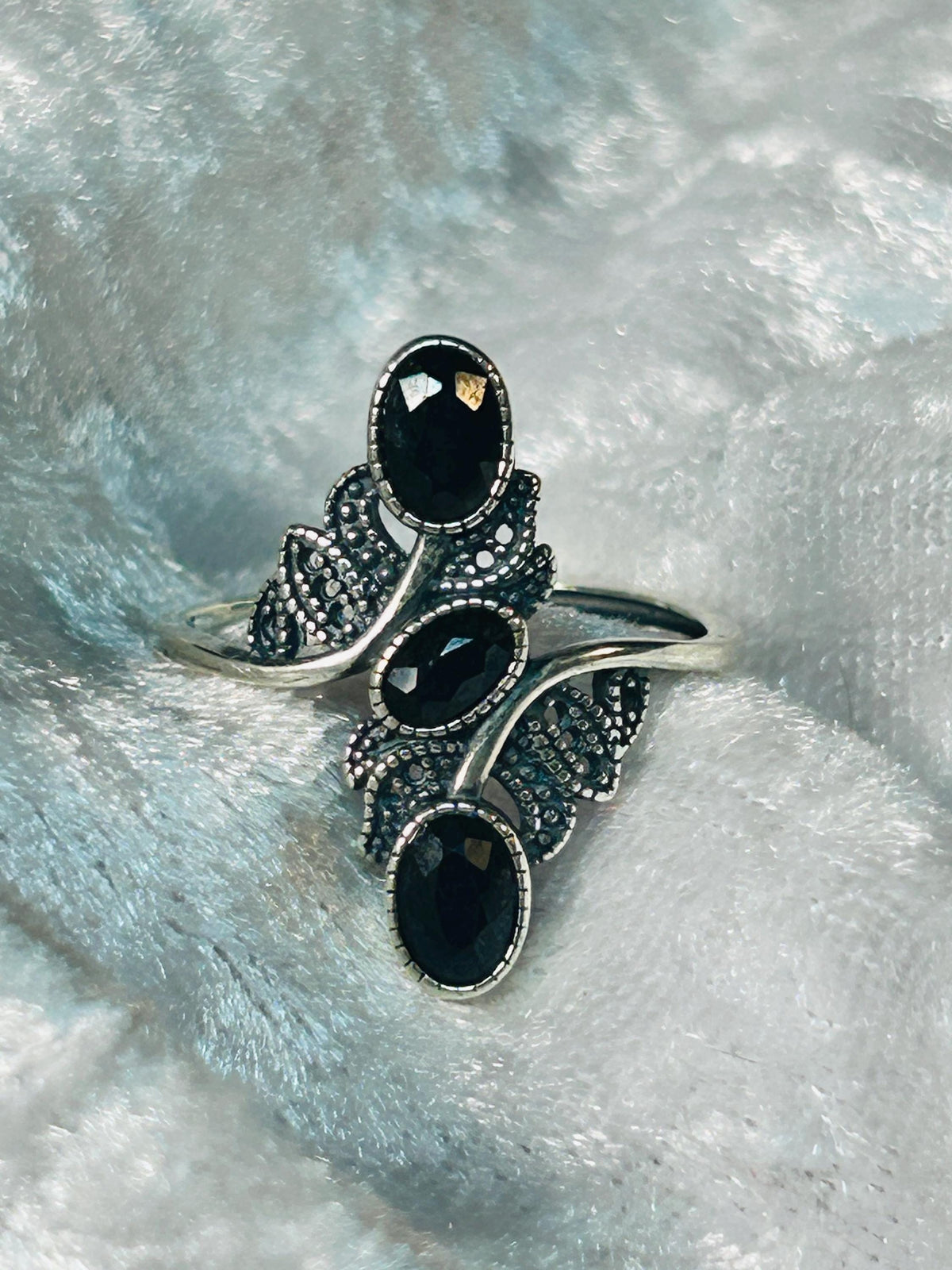 Triple Black Spinel Ring in 925 Sterling Silver - Adjustable Goth Statement Jewellery Celtic Dragon Jewellery