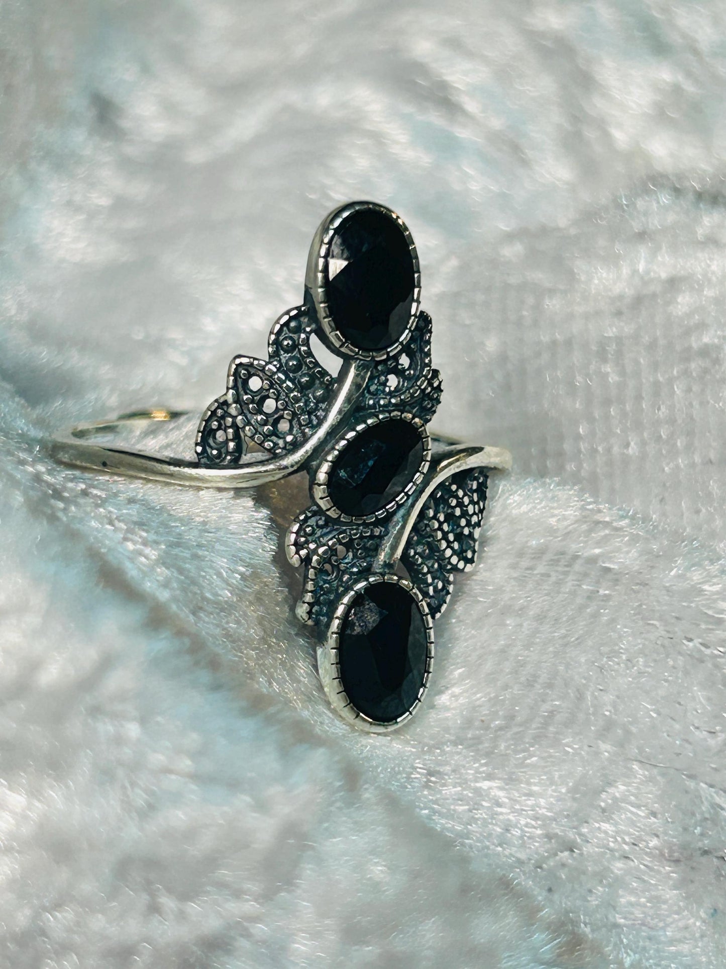 Triple Black Spinel Ring in 925 Sterling Silver - Adjustable Goth Statement Jewellery Celtic Dragon Jewellery