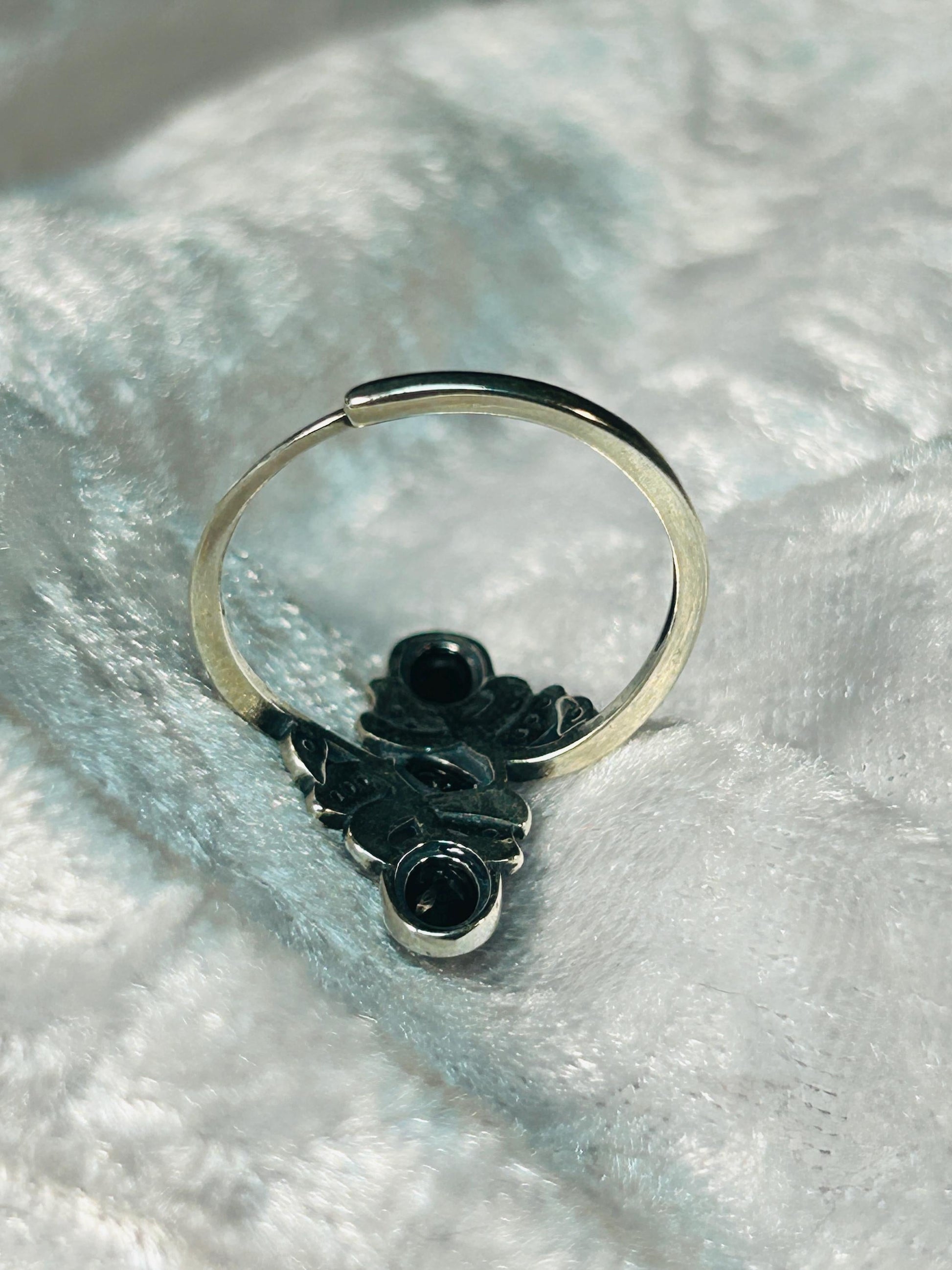Triple Black Spinel Ring in 925 Sterling Silver - Adjustable Goth Statement Jewellery Celtic Dragon Jewellery